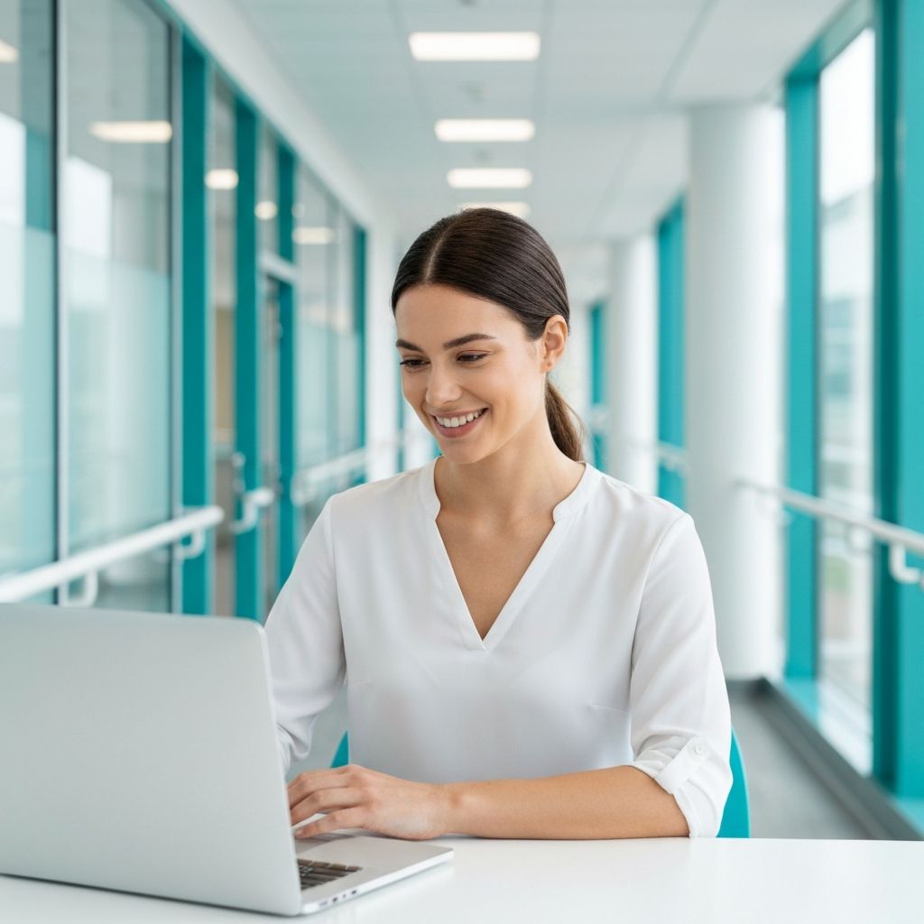 A happy clinician in plain clothes looking at a laptop screen in a modern hospital setting