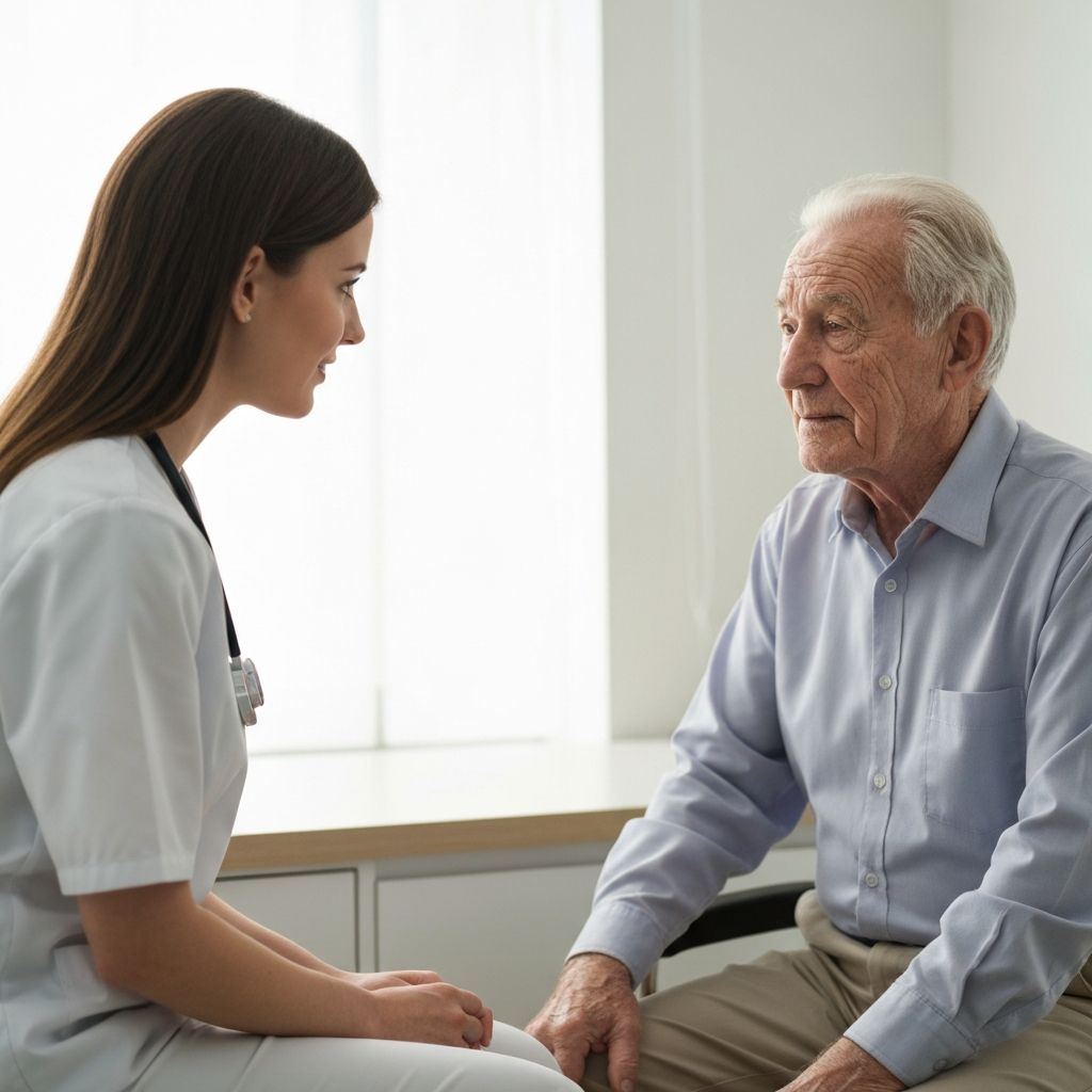 A clinician in a one-on-one consultation with an elderly patient in a modern consultation room