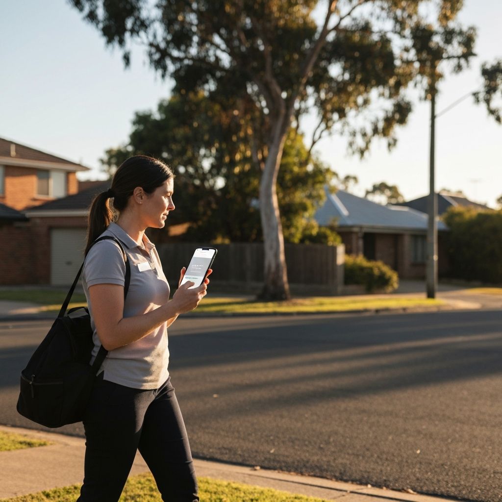 An allied health therapist on the go, reviewing clinical notes on her smartphone during community visits